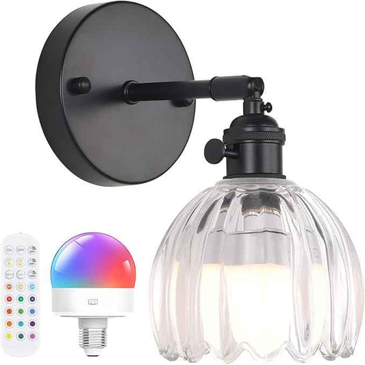 Vintage Battery Operated Wall Sconce with Transparent Tulip Glass Lampshade Rechargeable Battery Powered Black Wall Light with Remote Control for Bedside Bedroom Doorway