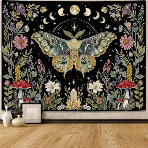 Boho Vintage Moth Luna Botanical Floral Tapestry 48 x 36 Inch