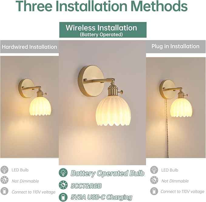 Vintage Battery Operated Wall Sconce with White Tulip Glass Lampshade Rechargeable Battery Powered Wall Light with Remote Control for Bedside Bedroom Doorway