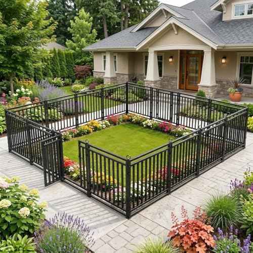 54ft (L) × 47in (H), 21 Panels & 3 Gates Garden Fence, Durable Outdoor Yard Barrier, Secure Garden Fencing, Weather-Resistant Fence for Privacy & Decoration, Black-Silver