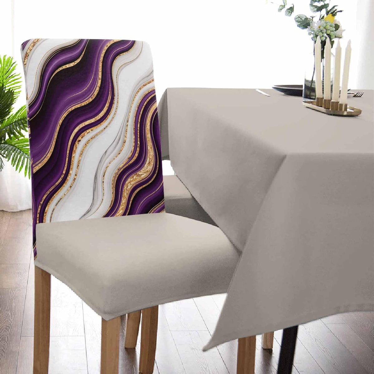 4 Pcs Dining Chair Covers Stretch Spandex Slipcovers Purple Marble Gold Inlay Removable Washable Dining Room Seat Cover Cushion Protector for Home Hotel Banquet Decor Abstract Geometric Stripes