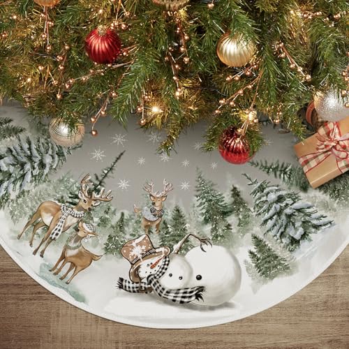Snowman Reindeer Snowflake Christmas Tree Skirt 48 Inch