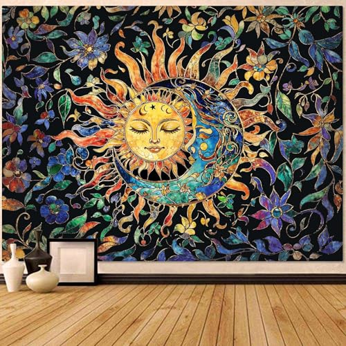 Sun and Moon Tapestry for Bedroom Boho Hippie Floral Wall Tapestry Aesthetic Vintage Stained Glass Plant Extra Large Tapestries Wall Hanging for Living Room Dorm 90 x 68 Inch