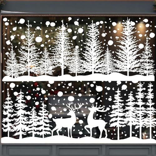 Christmas Window Clings for Glass 8 Sheet Xmas Tree Window Decals with Reindeer Designs White Window Stickers Winter Windows Cling for Party Supplies Home School Office Glass Decorations (8 Count)