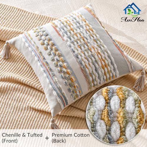 Chenille Striped Textured Boho Throw Pillow Covers Aesthetic with Tassels Woven Decorative Pillow Case for Couch Bed Sofa Bedroom Modern Funky 18 x 18