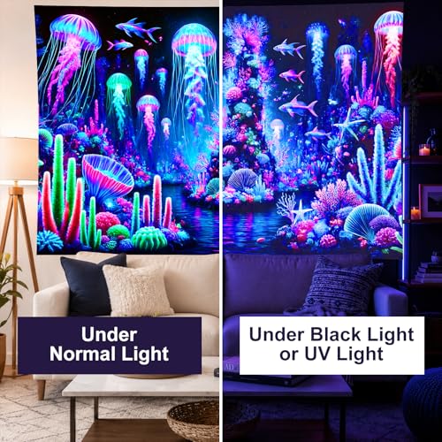 Blacklight Tapestry Jellyfish Ocean Decor 78x59 Inch