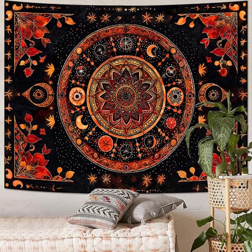 Mandala Moon and Stars Tapestry Boho Tapestry for Bedroom Black and Orange Tapestries Wall Hanging Living Room Wall Art and Home Decor 70x90