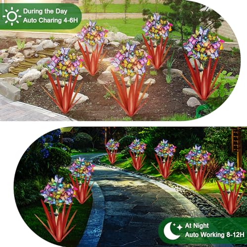 Solar Metal Agave Butterfly Flower Stick Garden Sculpture (2 Count)
