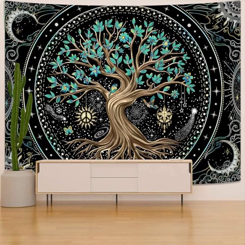 Tree of Life Tapastry Butterfly Moon Tapastry Flower Green Tree Tapestries Mandala Wall Hanging for Bedroom and Living Room Decor 60×80 Inches