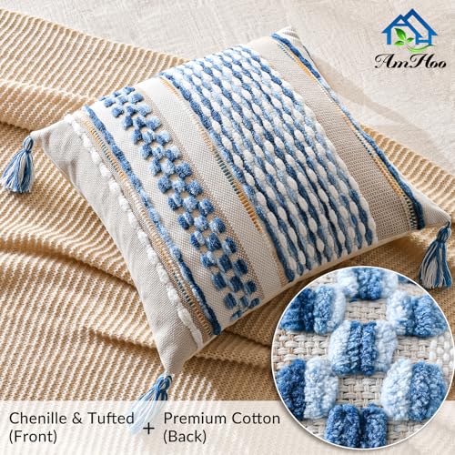 Set of 2 Chenille Striped Textured Boho Throw Pillow Covers Aesthetic with Tassels Woven Decorative Pillow Case for Couch Bed Sofa Bedroom Modern Funky 18 x 18 (2 Count)