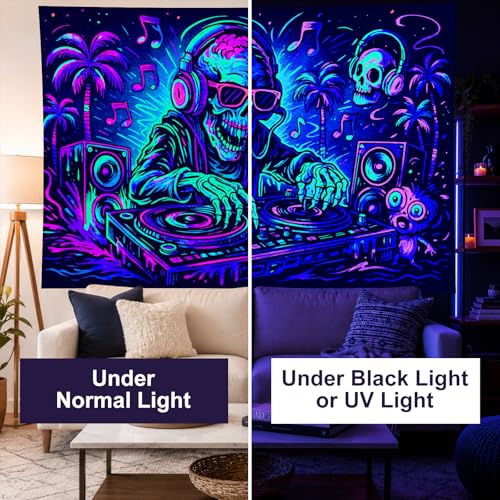 Blacklight Tapestry DJ Skull Party Backdrop 78 x 59 Inch