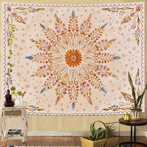 Boho Floral Mandala Tapestry for Bedroom Aesthetic Watercolor Bohemian Flower Wall Tapestry Brown Beige Hippie Indian Tapestries Wall Hanging for Living Room Dorm Decor 60 x 44 Inch