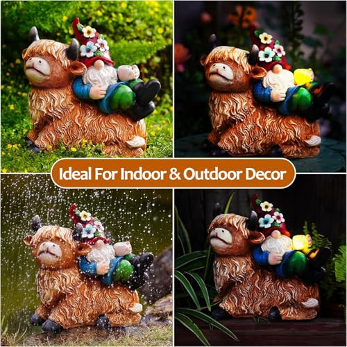 Garden Gnomes Decor Outdoor Statues Gnome on Highland Cow Hold Solar Cup Light Outdoor Decorations for Patio