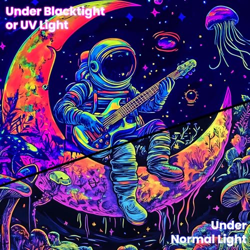Blacklight Space Astronaut Tapestry UV Reactive Galaxy Planet Glow in Dark Tapestries Black Light Poster Neon Wall Hanging Art for bedroom Living Room