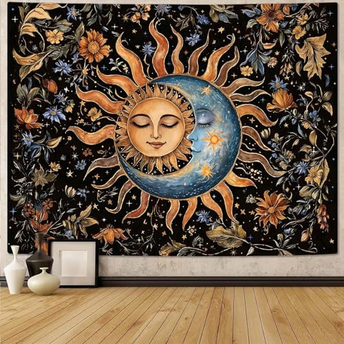 Sun and Moon Tapestry for Bedroom Boho Vintage Floral Hippie Wall Tapestry Aesthetic Retro Flower Plant Large Tapestries Wall Hanging for Living Room Dorm Decor 80 x 60 Inch