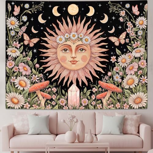 Boho Pink Sun Moon Phase Daisy Flower Floral Tapestry 60 x 44 Inch