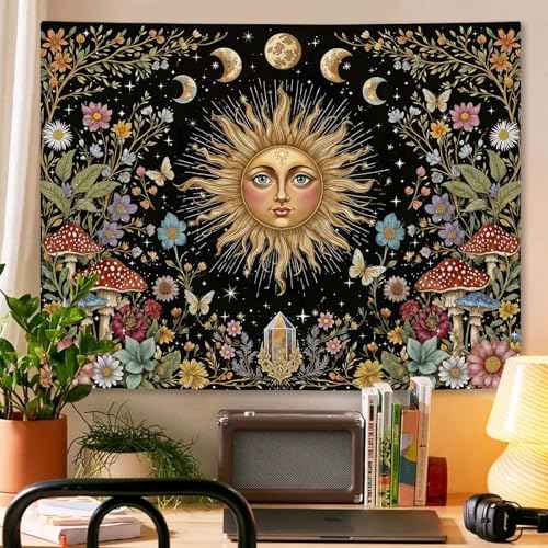 Boho Sun and Moon Tapestry Hippie Mushroom Floral Wall Tapestry for Bedroom Aesthetic Moon Phase Vintage Plant Celestial Small Tapestries Wall Hanging for Living Room Dorm 60 x 44 Inch