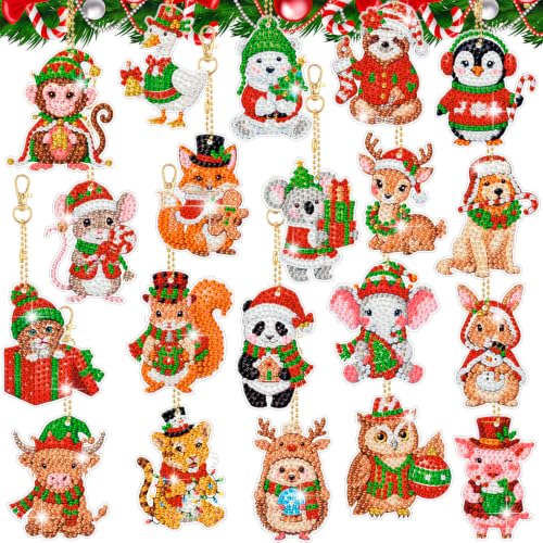 20 Pcs Christmas Cute Animal Diamond Painting Keychains Kit (20 Count)
