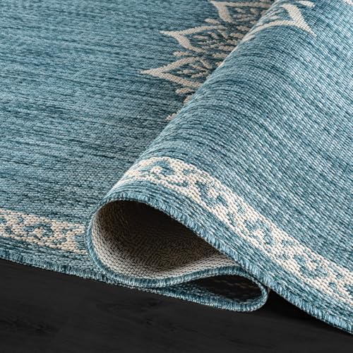 Outdoor Rug 10x14 Medallion Aqua Modern Large Area Rugs for Indoor and Outdoor Patios Kitchen and Hallway Mats Washable Porch Deck Outside Carpet (140 Sq Ft)