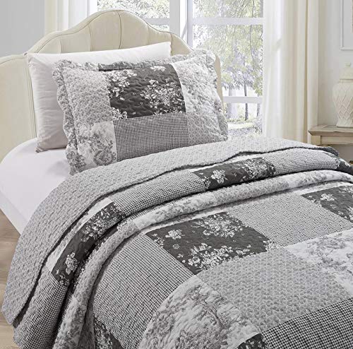 Multi Grey Toile & Floral Patchwork Quilt Set