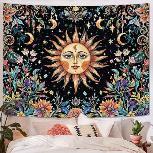 Sun and Moon Tapestry Hippie Boho Floral Wall Tapestry for Bedroom Aesthetic Colorful Flowers Vintage Celestial Botanical Plant Small Tapestries Wall Hanging for Living Room Dorm 48 x 36 Inch