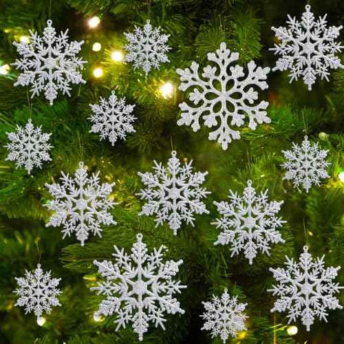 Glitter Christmas Silver Plastic Snowflake Ornaments for Winter Holiday (60 Count)