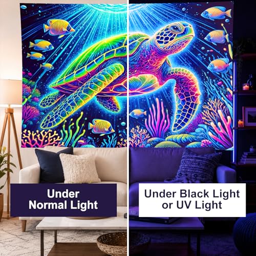 Blacklight Tapestry Sea Turtle Wall Hanging 78 x 59 Inch