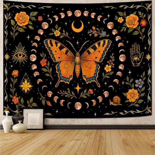 Moon Phase Butterfly Floral Wall Tapestry