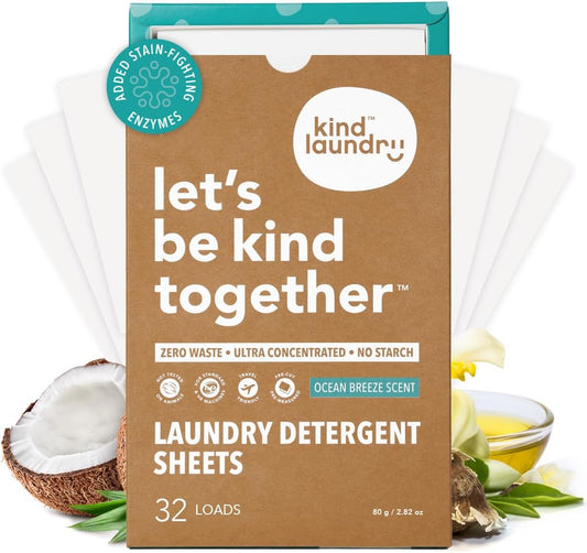 Kind Laundry Detergent Sheets with Stain-Fighting Enzymes - Plant Powered Eco-Friendly Laundry Soap Sheets - Home or Travel Laundry Detergent - Ocean Breeze, 32 Loads (Mom's Choice Award Winner) - HavenBliss Decor