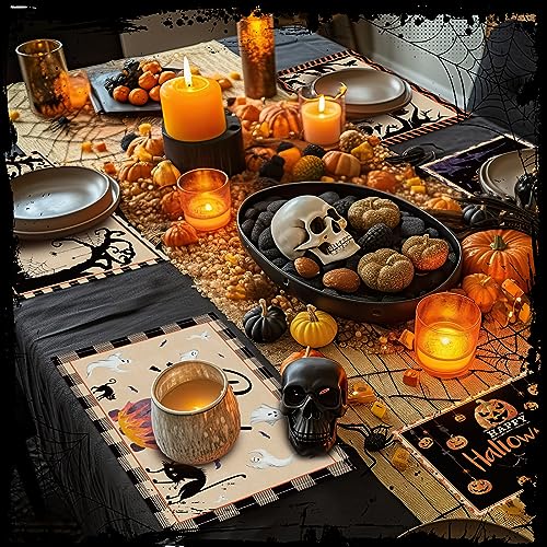 6 Pcs Halloween Placemats 12"x18" Gothic Bat Placemats Kitchen Decoration Washable Witch Place Mats Rectangle Skull Table Mats for Halloween Dining Table Accessories