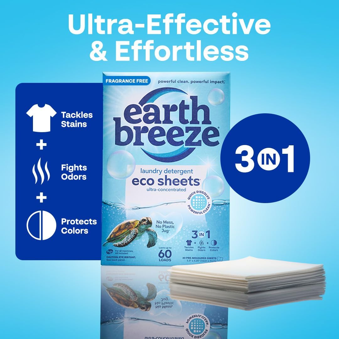 Earth Breeze Laundry Detergent Sheets Fragrance-Free - 180 Loads Eco Liquidless Soap - Travel-Friendly for Hot & Cold Cycles, Tackles Tough Stains & Odors - Gentle on Sensitive Skin, 90 Ct (3 Pack) - HavenBliss Decor