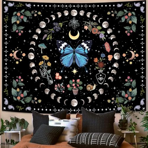 Blue Butterfly Moon Flower Tapestry Botanical Boho Plant Floral Tapestry for Bedroom Aesthetic Hippie Vintage Tapestries Wall Hanging for Living Room Dorm