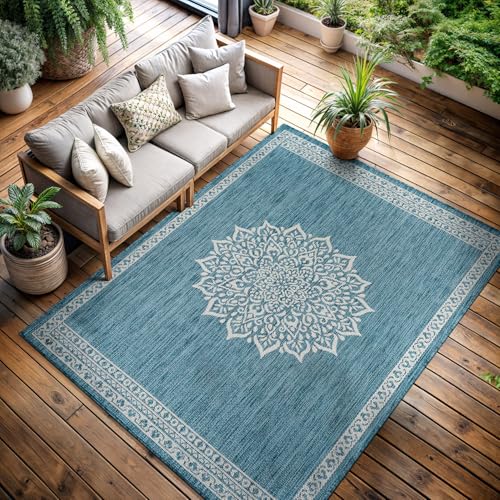 Outdoor Rug 8x10 Medallion Aqua Modern Area Rugs for Indoor and Outdoor Patios Kitchen and Hallway Mats Washable Porch Deck Outside Carpet (80 Sq Ft)