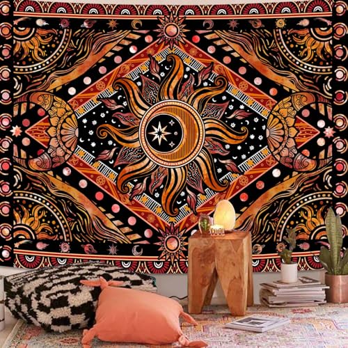 Hippie Sun and Moon Tapestry Bohemian Celestial Tapestry Aesthetic Tapestries for Bedroom and Living Room Decor Sun and Moon 70×90 Inches