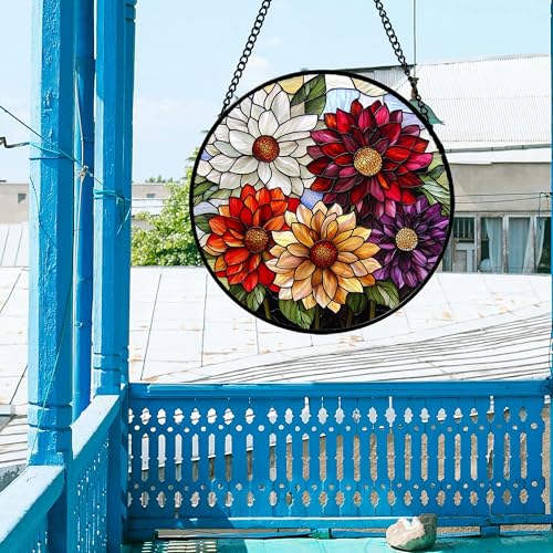 Stained Glass Window Hanging Color Dahlia Suncatcher Gifts for Women 15"