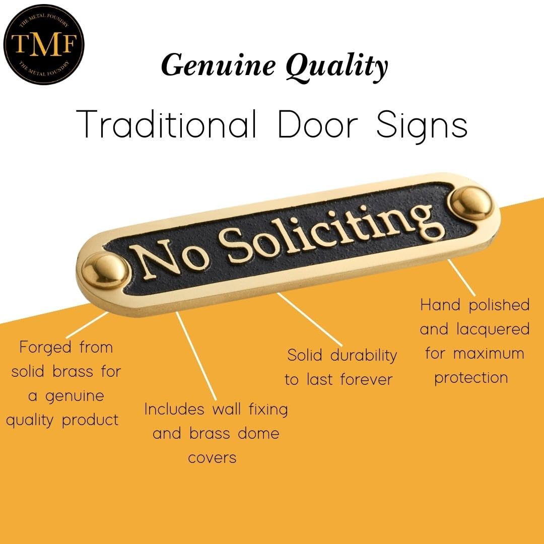 No Soliciting Brass Door Sign. Traditional Style Home Décor Wall Plaque Handmade By The Metal Foundry UK
