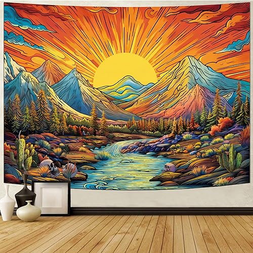 Boho Sun Mountain Tapestry Trippy Forest Tree Tapestry Vintage Aesthetic Magic River Tapestries Nature Landscape Wall Hanging for Bedroom Home Decor