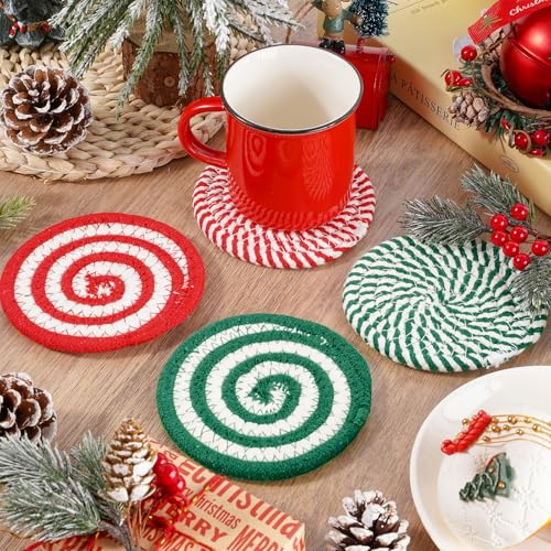 Christmas Cotton Coasters Red Green Peppermint Candy Handmade Braided Drink Coasters Absorbent Cup Mats for Xmas Holiday Party Home Table Decor (4 Count)