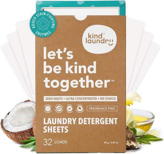 Kind Laundry Detergent Sheets with Stain-Fighting Enzymes - Plant Powered Eco-Friendly Laundry Soap Sheets - Home or Travel Laundry Detergent Fragrance Free, 32 Loads (Mom's Choice Award Winner) - HavenBliss Decor