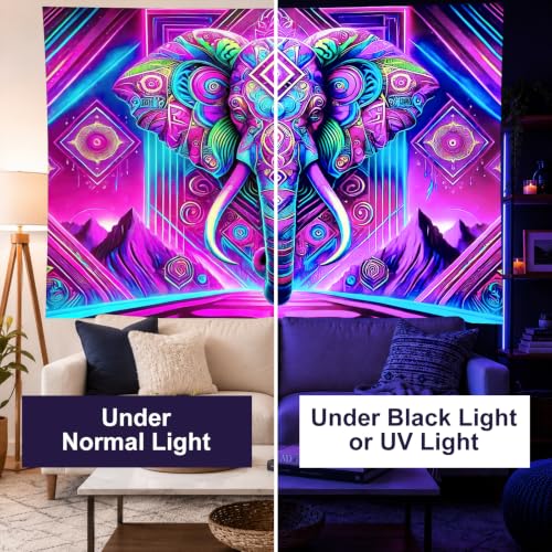 Blacklight Tapestry Elephant Neon Wall Art 78 x 59 Inch