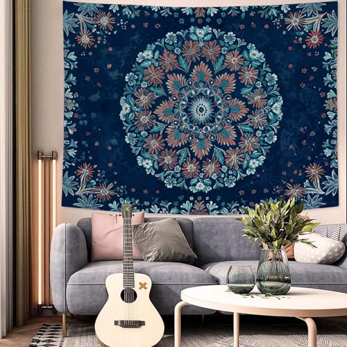 Boho Floral Mandala Tapestry Wall Hanging Blue Bohemian Flower Medallion Tapestry Aesthetic Vintage Navy Hippie Indian Small Tapestries for Bedroom Living Room Dorm Decor 48 x 36 Inch