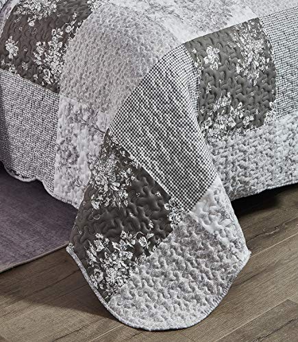 Multi Grey Toile & Floral Patchwork Quilt Set