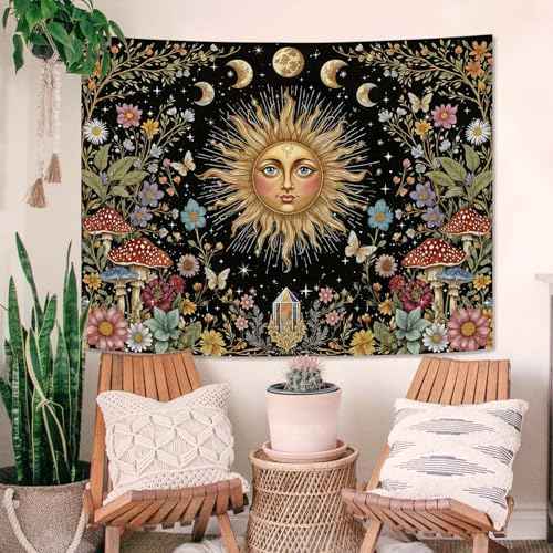 Boho Sun and Moon Tapestry Hippie Mushroom Floral Wall Tapestry for Bedroom Aesthetic Moon Phase Vintage Plant Celestial Small Tapestries Wall Hanging for Living Room Dorm 60 x 44 Inch