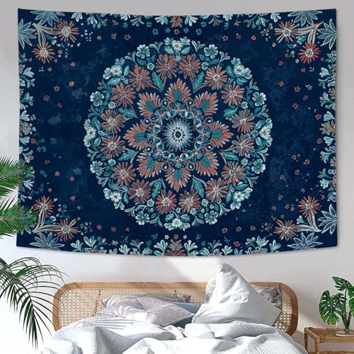 Boho Floral Mandala Tapestry Wall Hanging Blue Bohemian Flower Medallion Tapestry Aesthetic Vintage Navy Hippie Indian Small Tapestries for Bedroom Living Room Dorm Decor 48 x 36 Inch
