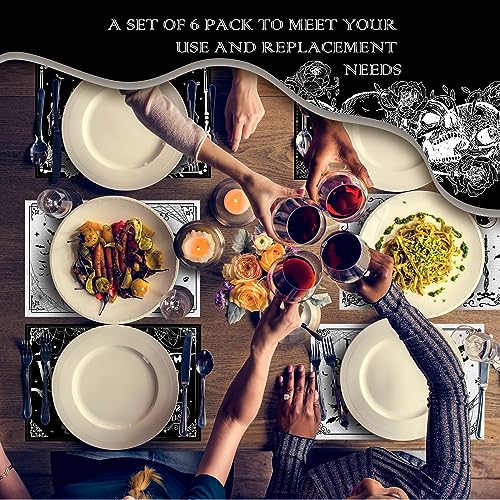 6 Pcs Halloween Placemats 12"x18" Gothic Bat Placemats Kitchen Decoration Washable Witch Place Mats Rectangle Skull Table Mats for Halloween Dining Table Accessories