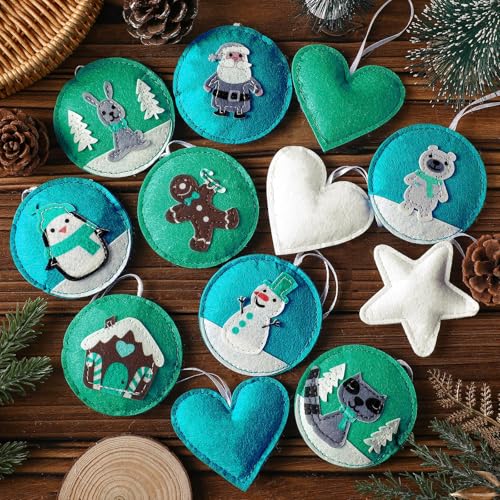 12 Pcs Christmas Felt Ornaments for Tree Decoration Santa Claus Snowman Gingerbread Man 3D Hanging White Mint Turquoise Color Felt Craft for Christmas Winter Favors Gifts (12 Count)