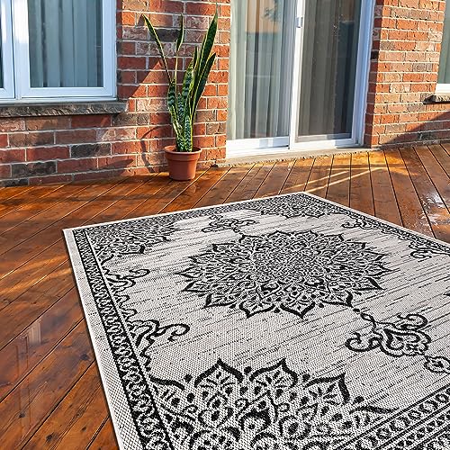 Outdoor Rug 8x10 Medallion White Black Modern Area Rugs for Indoor and Outdoor Patios