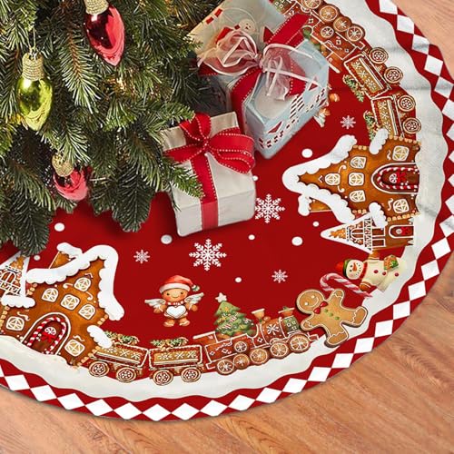 Red Gingerbread Christmas Tree Skirt Decorations House Decor Christmas Gingerbread Tree Ornaments Holiday Party Indoor Outdoor Xmas Trees Mat 48 inches