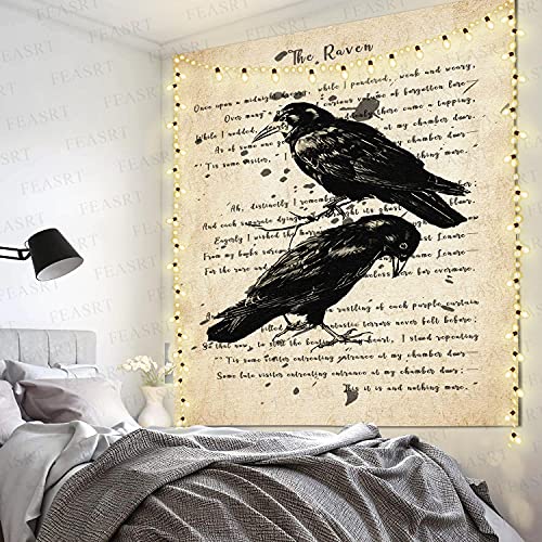 Raven Tapestry Gothic Skull and Raven Dictionary Tapestry Rustic Room Mural Posters 51x60 Inches for Living Room Bedroom Home Dorm
