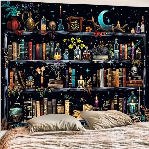 Magic Bookshelf Tapestry Magical Witchy Potion Dark Hippie Haloween Tapestries Wall Hanging Gothic Skull Black Cat Library Book Large Tapestry for Bedroom Living Room Dorm 90 x 68 inch